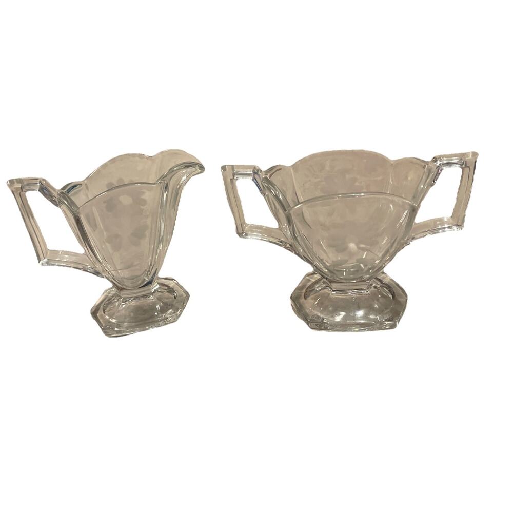 Vtg Heisey Glass "Daisy " Sugar & Creamer Set, Etched Flower , Art Deco Uranium